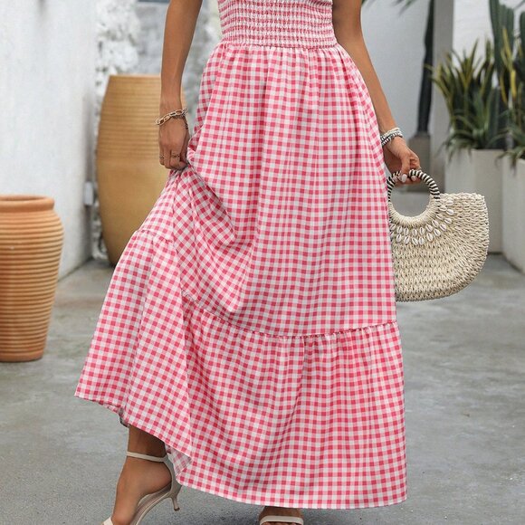 Multicolor Boho Women's Elegant Houndstooth Print Dress With Spaghetti Straps - Picture 3 of 7